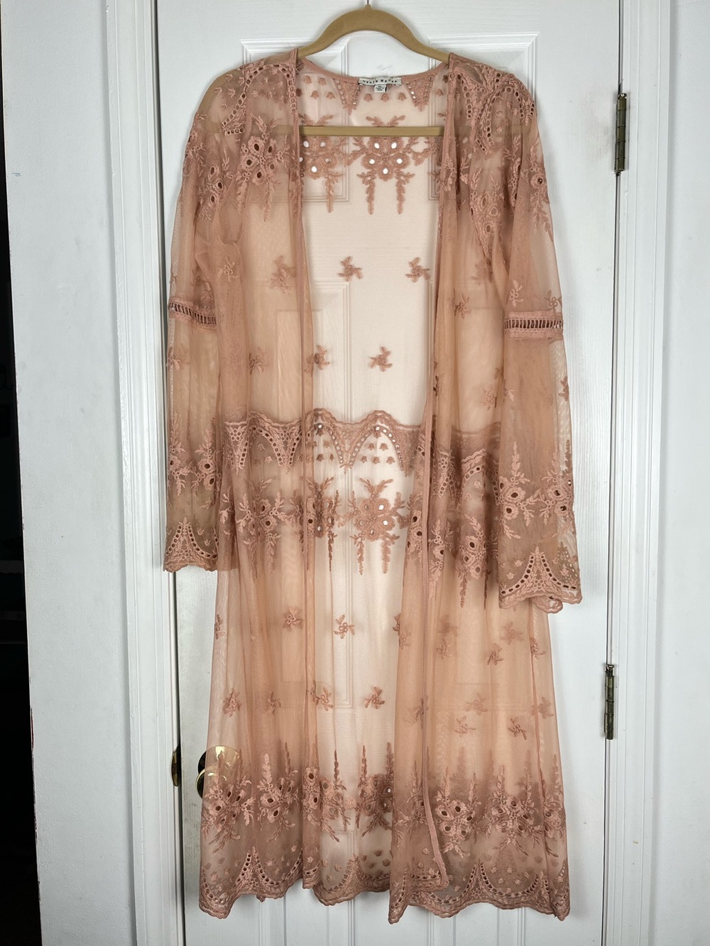Haute Monde Floral Eyelet Embroidered Micro Mesh Duster Maxi Sz XL Bell Sleeve